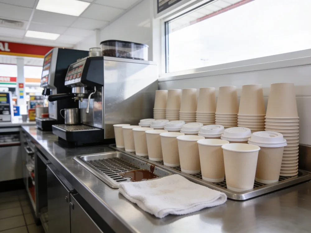 Rengjort kaffeområde i tankstationens butik