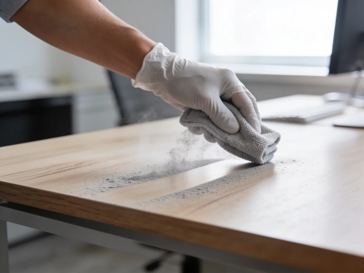 Aftørring af byggestøv på skrivebord efter renovering på kontor