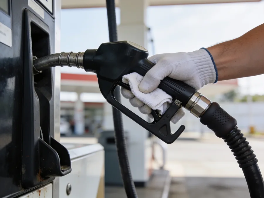 Aftørring af tankpistol og slange på tankstation