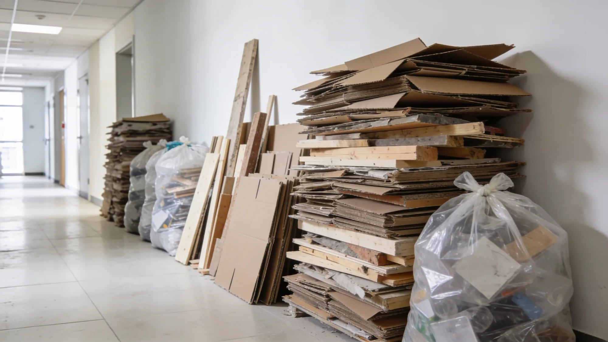 Byggeaffald og emballage sorteret og klar til bortskaffelse efter renovering