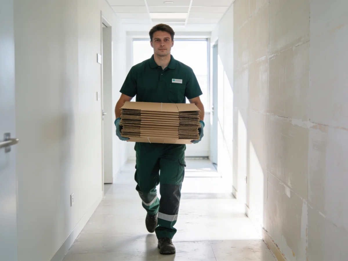 Medarbejder bærer sammenfoldet emballage ud efter renovering