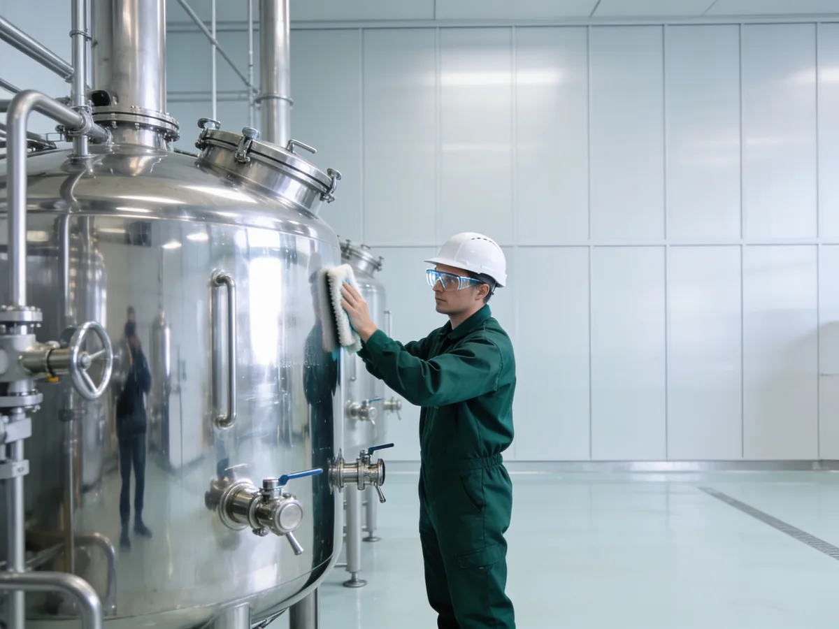 Medarbejder rengør rustfri procestank i industri