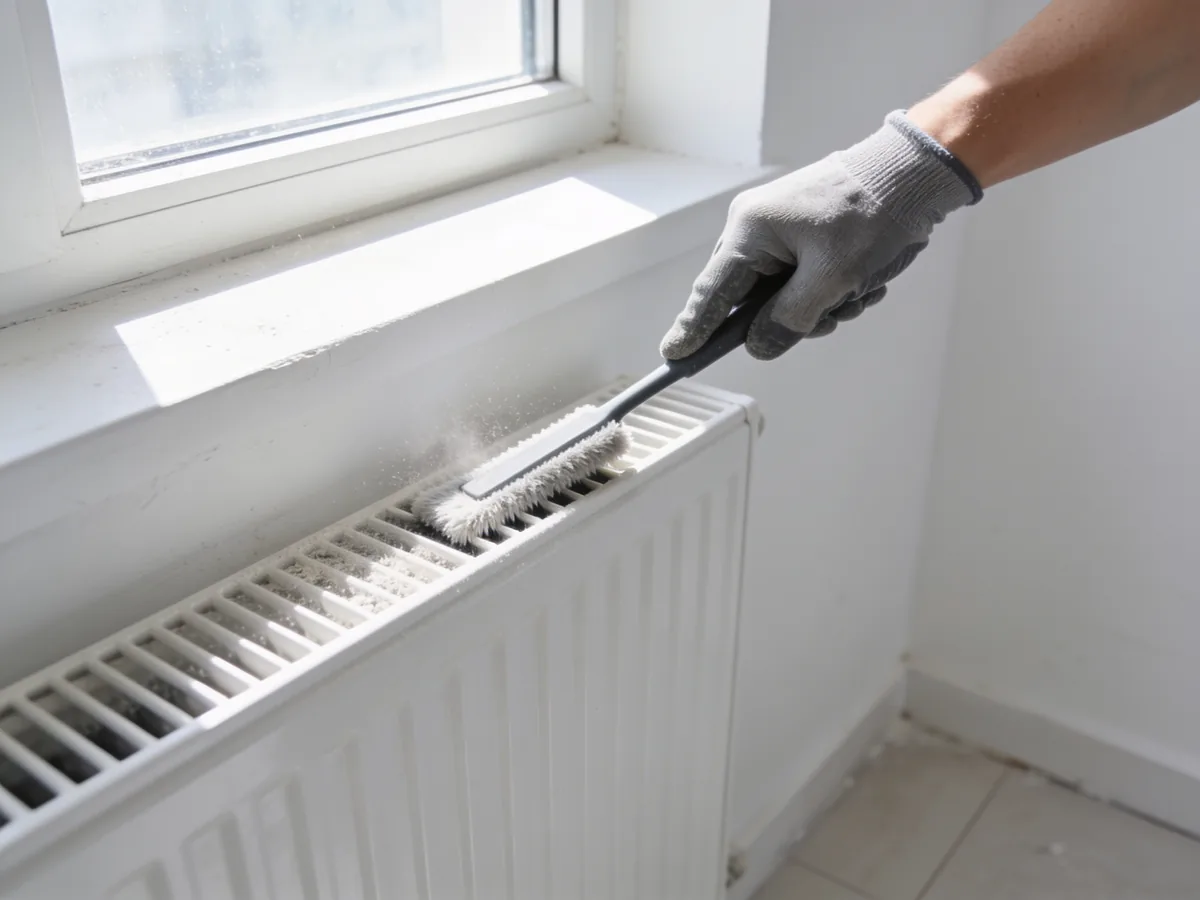 Nærbillede af afstøvning af radiator efter renovering