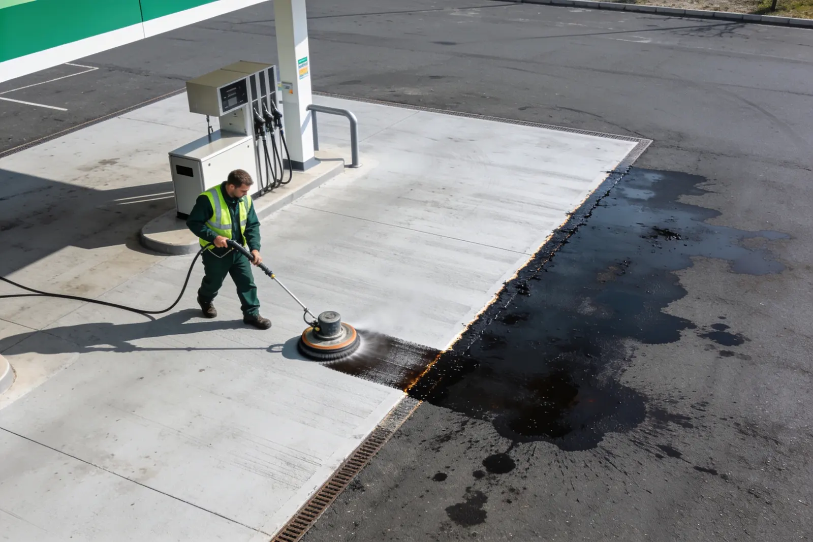 Oliepletter fjernes fra forpladsen på tankstation med gulvmaskine