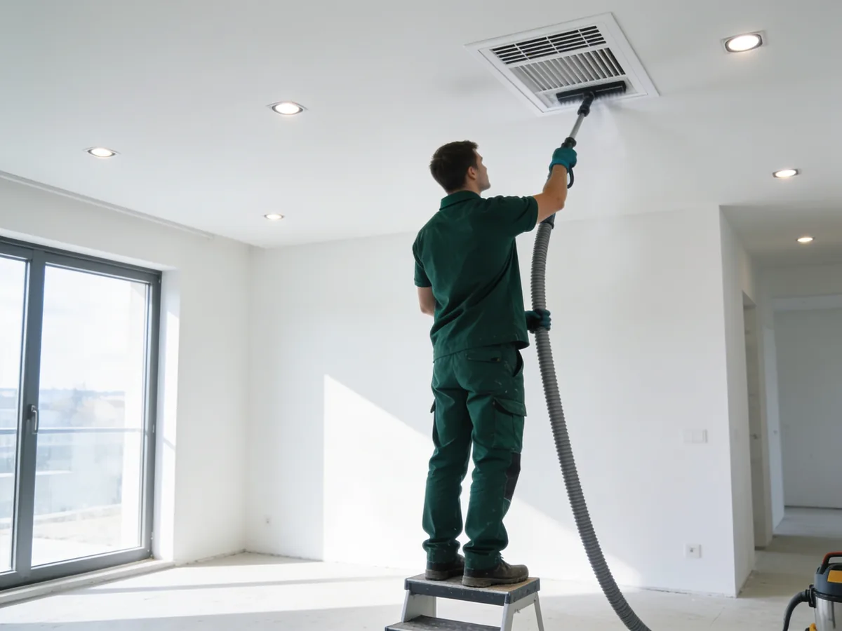 Medarbejder støvsuger byggestøv af ventilationsrist ved slutrengøring