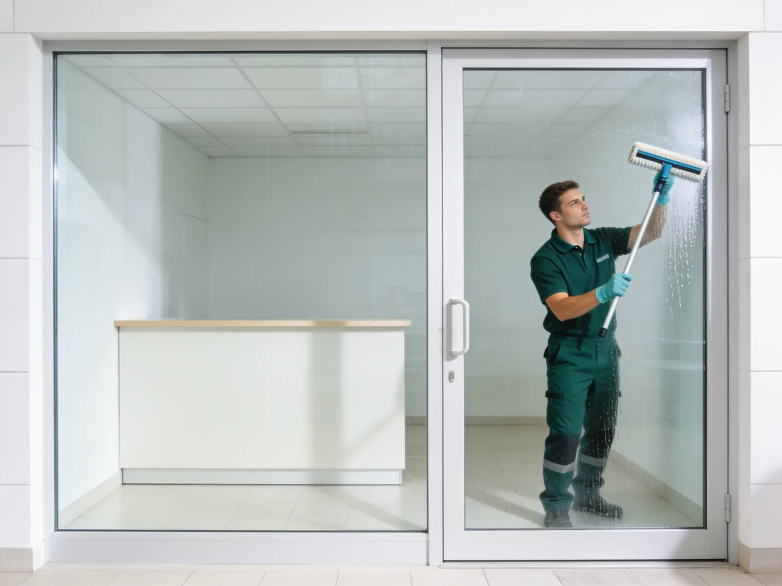 Medarbejder pudser glasfacade i tømt erhvervslejemål ved fraflytning