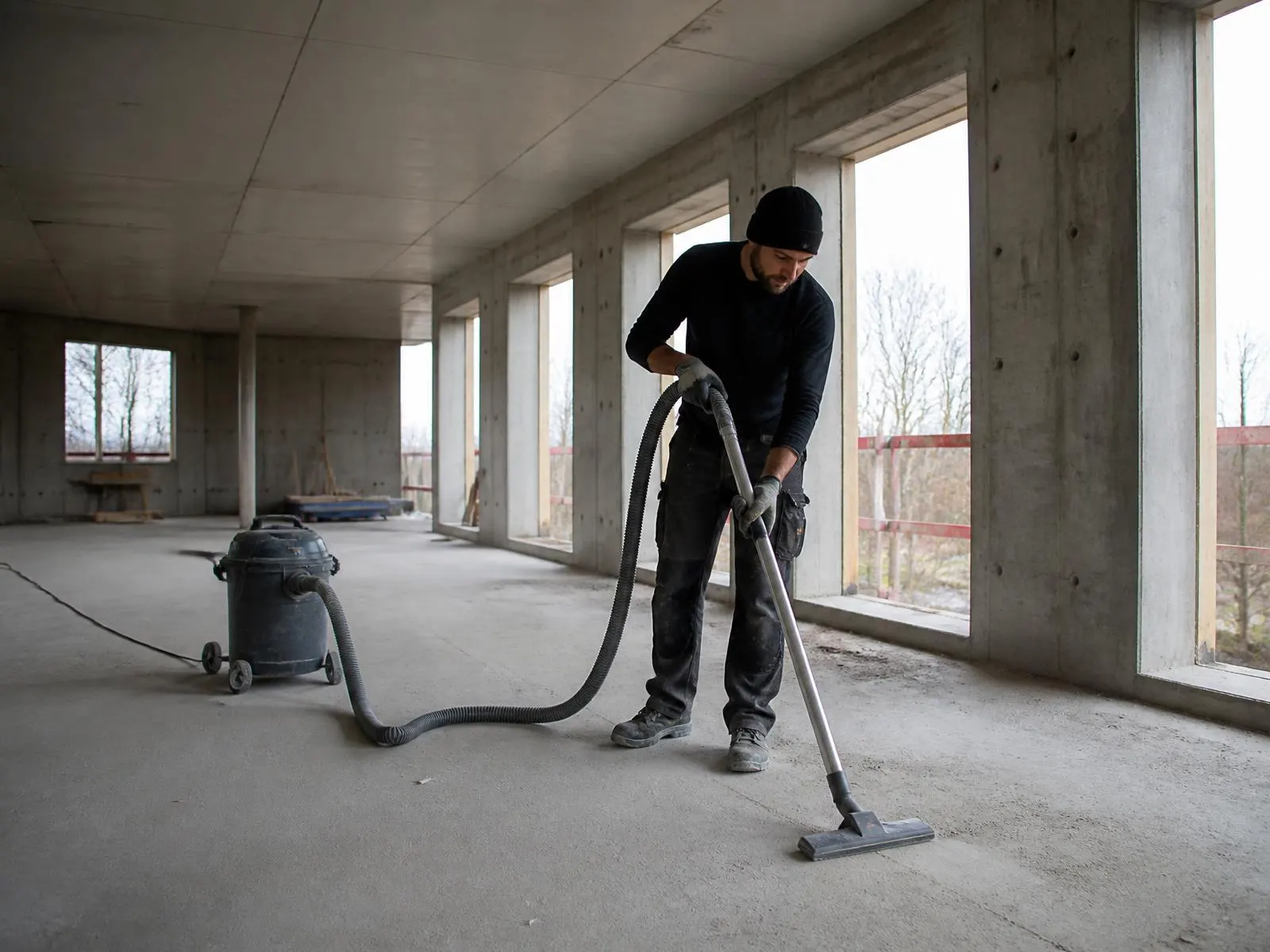 Rengøringsmedarbejder støvsuger byggestøv af betongulv i råhus
